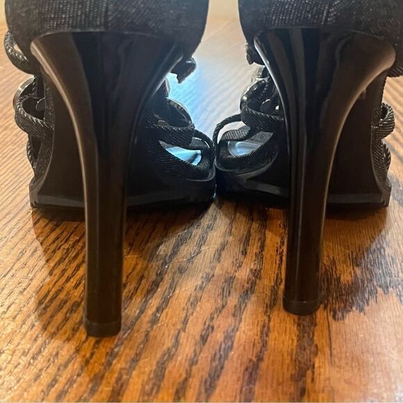 NWOB Karl Lagerfeld Paris Beatriz Crystal Cage Sandal size 6.5 Black Denim 4” - Picture 9 of 12